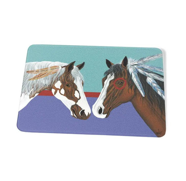 Courtship Cutting Board by Traci Rabbit, painting of two horses nose to nose