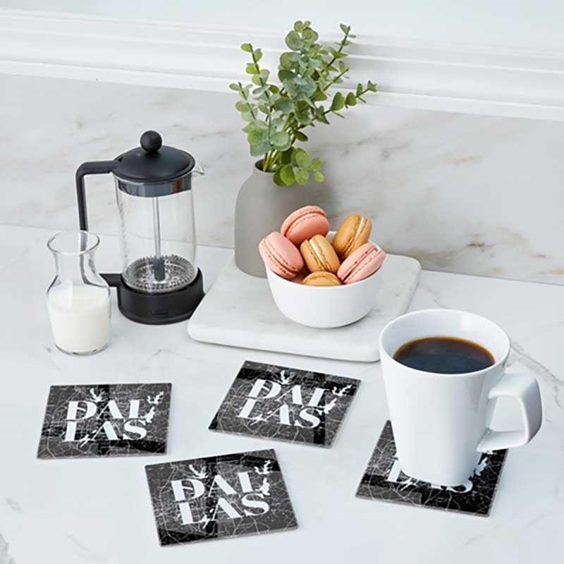 Dallas Map Square Glass Coaster Set on breakfast bar