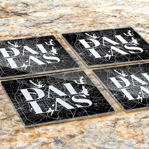 Dallas Map Square Glass Coaster Set displayed on counter