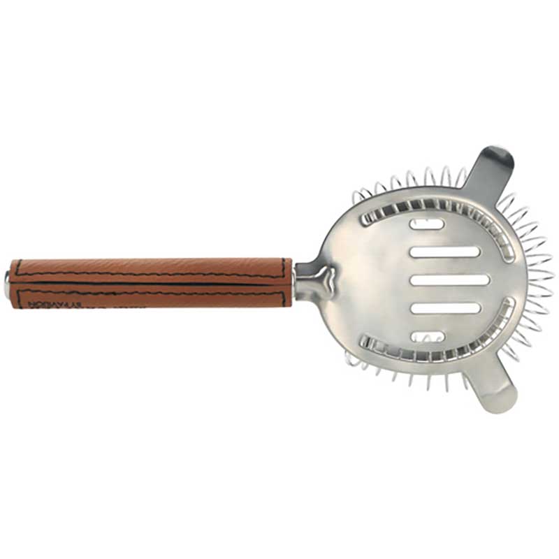 Don't Strain Bar Strainer in stainless steel and vegan leather underside