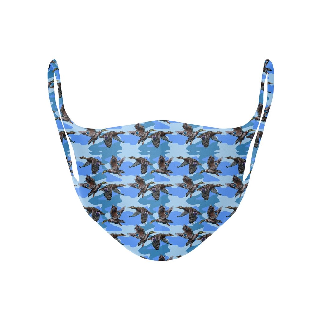 Camo Duck blue face mask with ducks in flight from Laura Park Designs