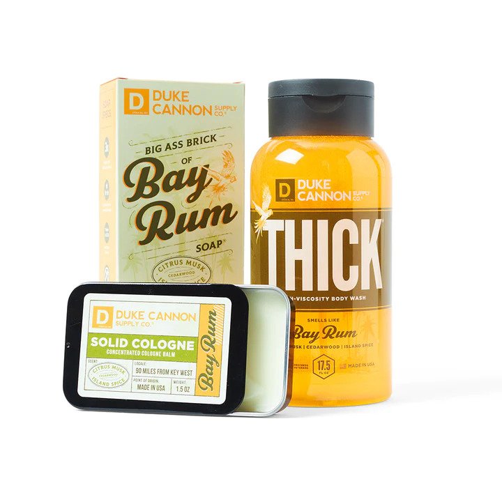 Bay Rum Grooming Gift Set includes Big Ass Bar Of Soap, THICK Body Wash, and Solid Cologne