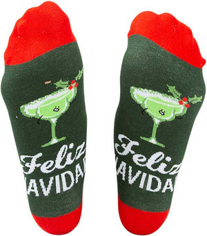 Feliz Navidad Christmas socks and ornament with margarita glasses on soles