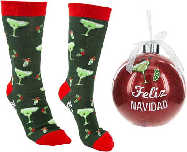 Feliz Navidad Christmas socks and ornament with margarita glasses on socks