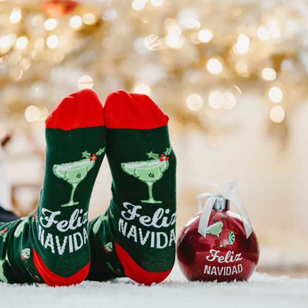 Feliz Navidad Christmas socks and ornament with margarita glasses on socks and ornament