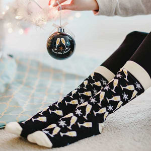 Fizz The Season Christmas Socks and Ornament woman hanging ornament