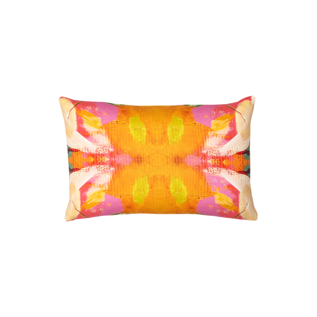 Flower child marigold linen pillow in vivid colors from Laura Park Designs. Square sofa pillow