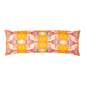 Flower child marigold linen pillow in vivid and bold colors from Laura Park Designs. Bolster pillow