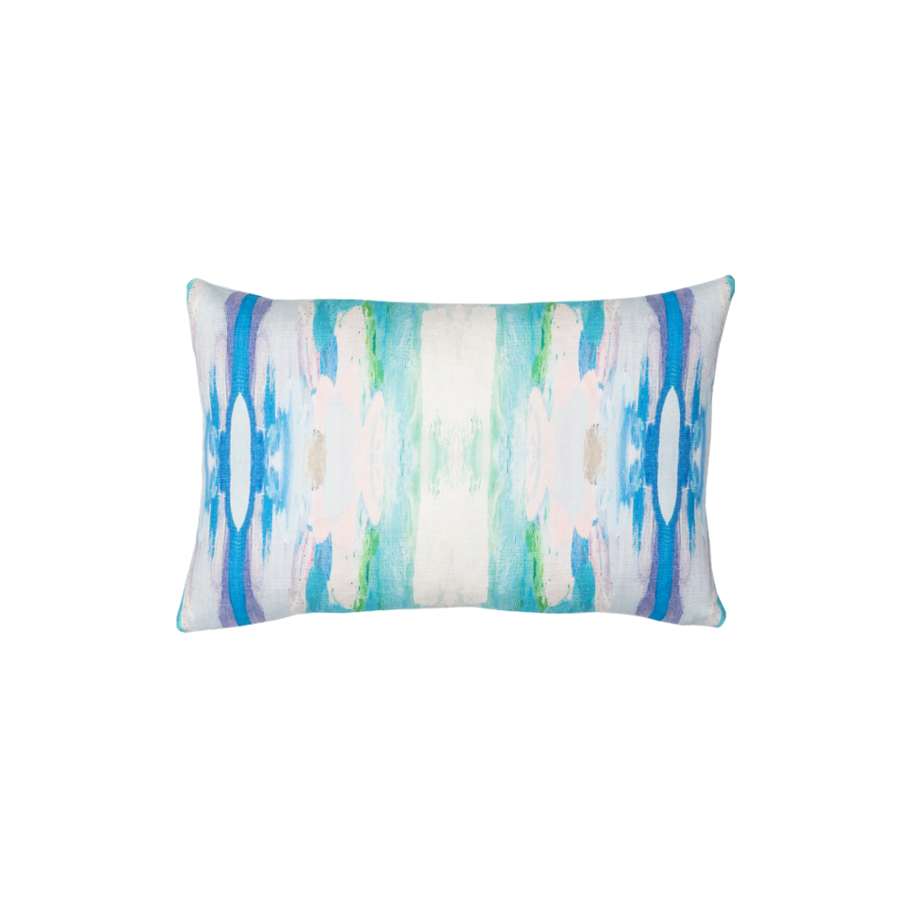 Flower Child teal linen pillow with vivid blues from Laura Park Designs. Lumbar throw pillow