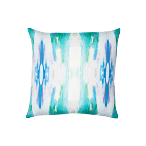 Flower Child teal linen pillow with vivid blues from Laura Park Designs. Square sofa pillow