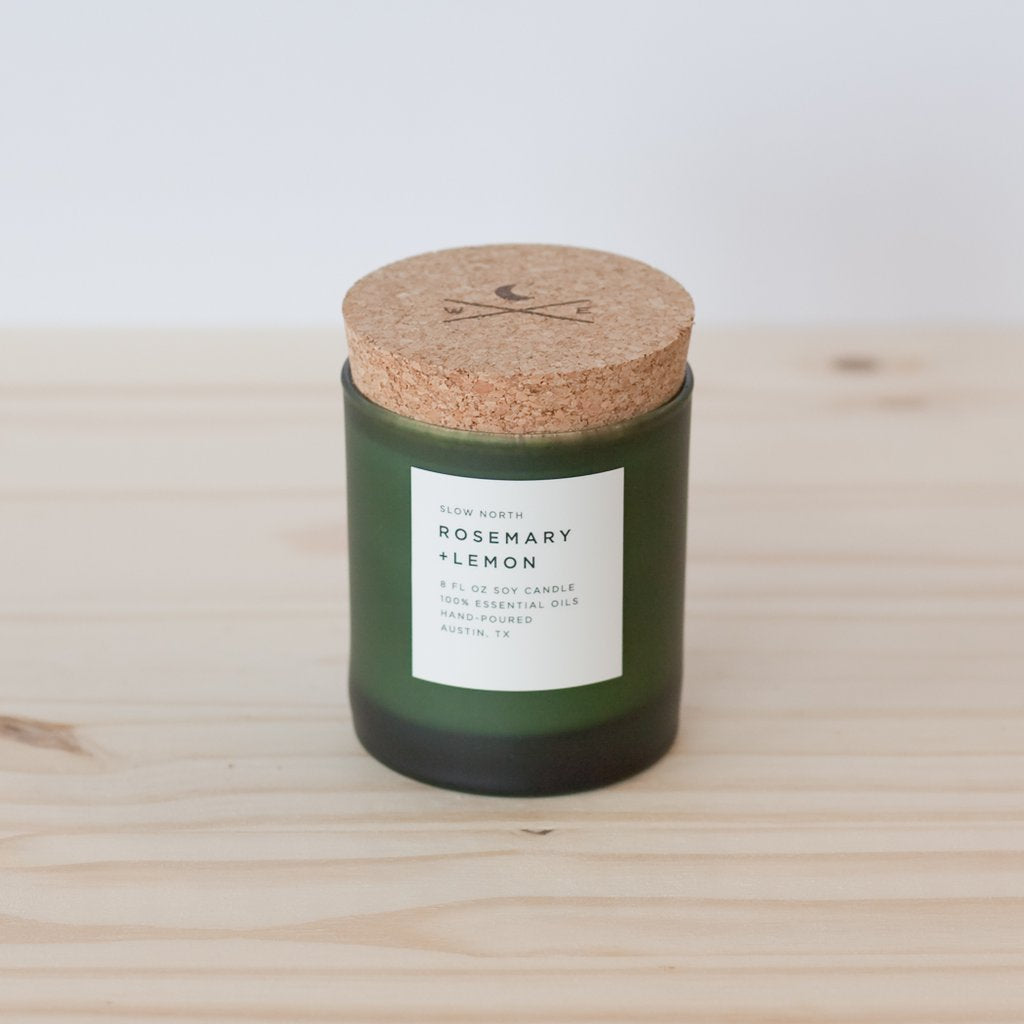 Slow North 100% Rosemary and Lemon essential oil wax candle with branded cork lid