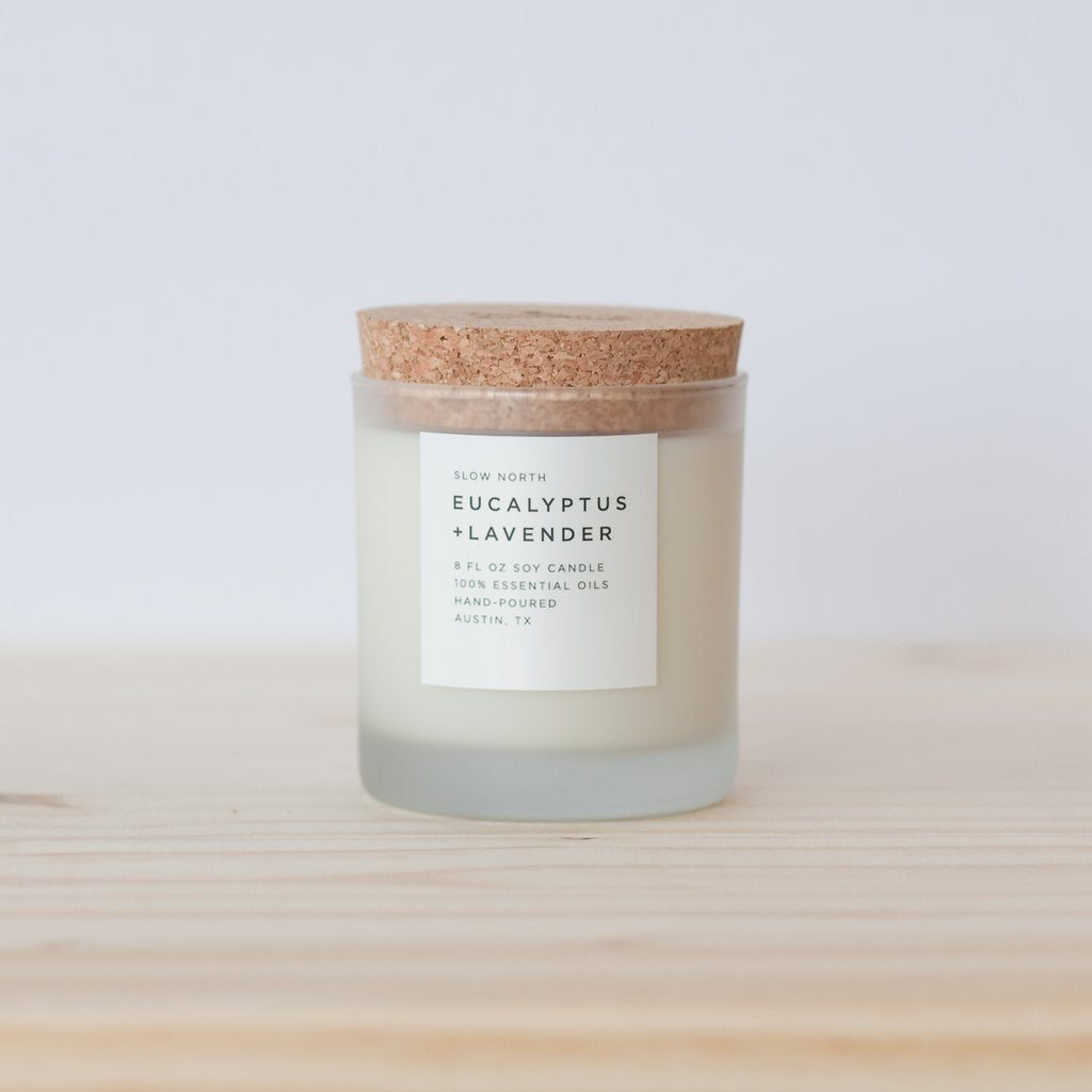 Slow North 100% Eucalyptus and Lavender essential oil wax candle in frosted glass
