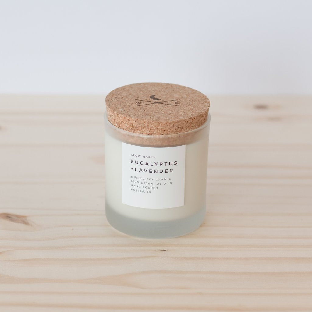 Slow North 100% Eucalyptus and Lavender essential oil wax candle with branded cork lid