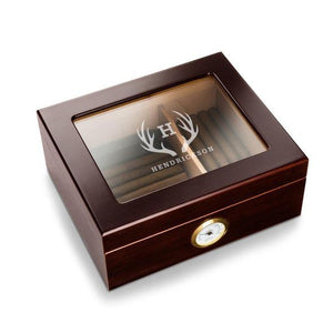 Mahogany Humidor with glass top and personalization antler pattern