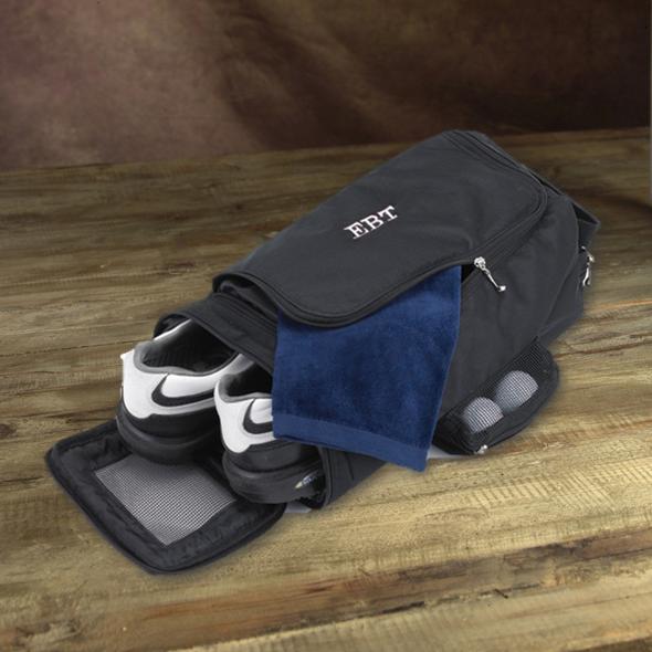 Personalized golf shoe bag with end access and two storage pockets