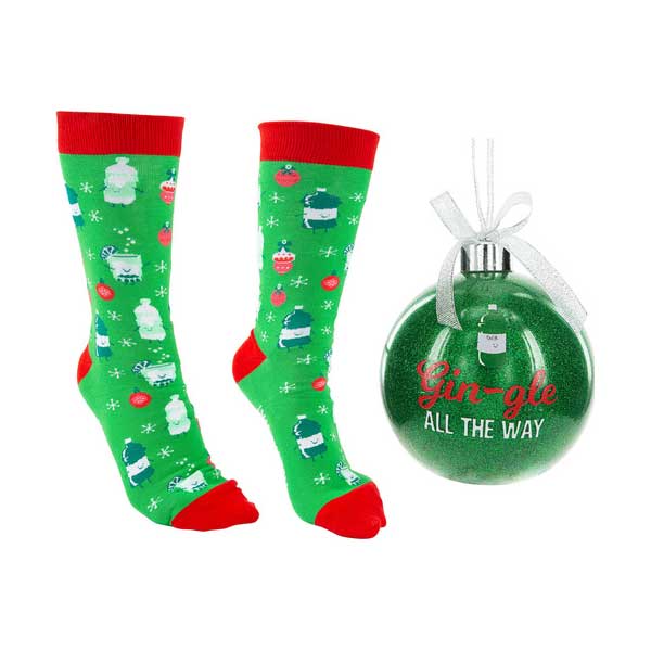 Gin-Gle Holiday Socks and ornament gift set green socks and ornament