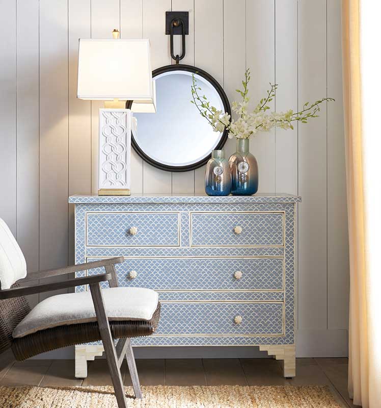 Grenada Mirror in bronze beveled iron frame from Wildwood setting over dresser