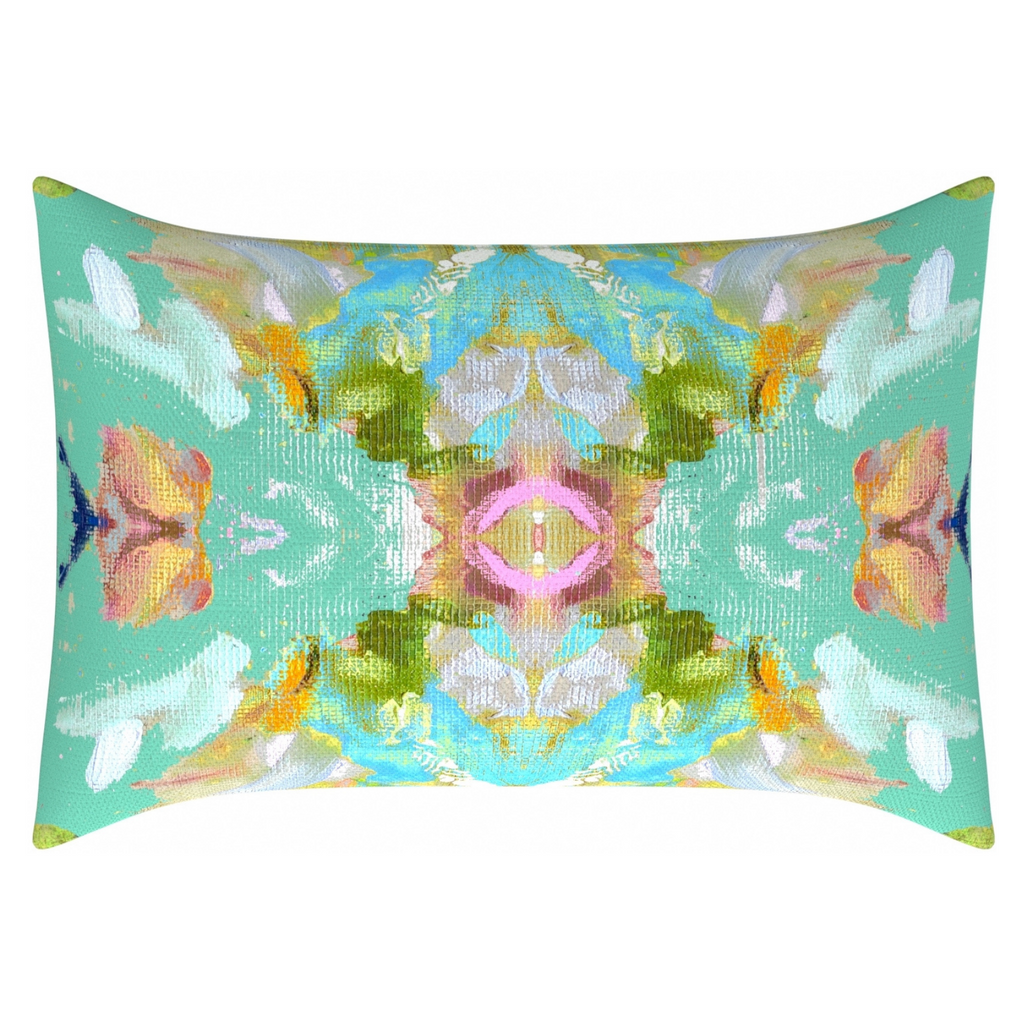Stained Glass Turquoise Linen Throw Pillow lumbar