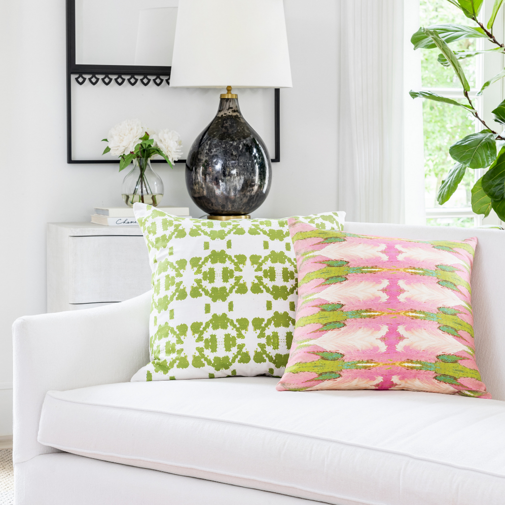 Mosaic Green Linen Throw Pillow shown with Cabana Pink