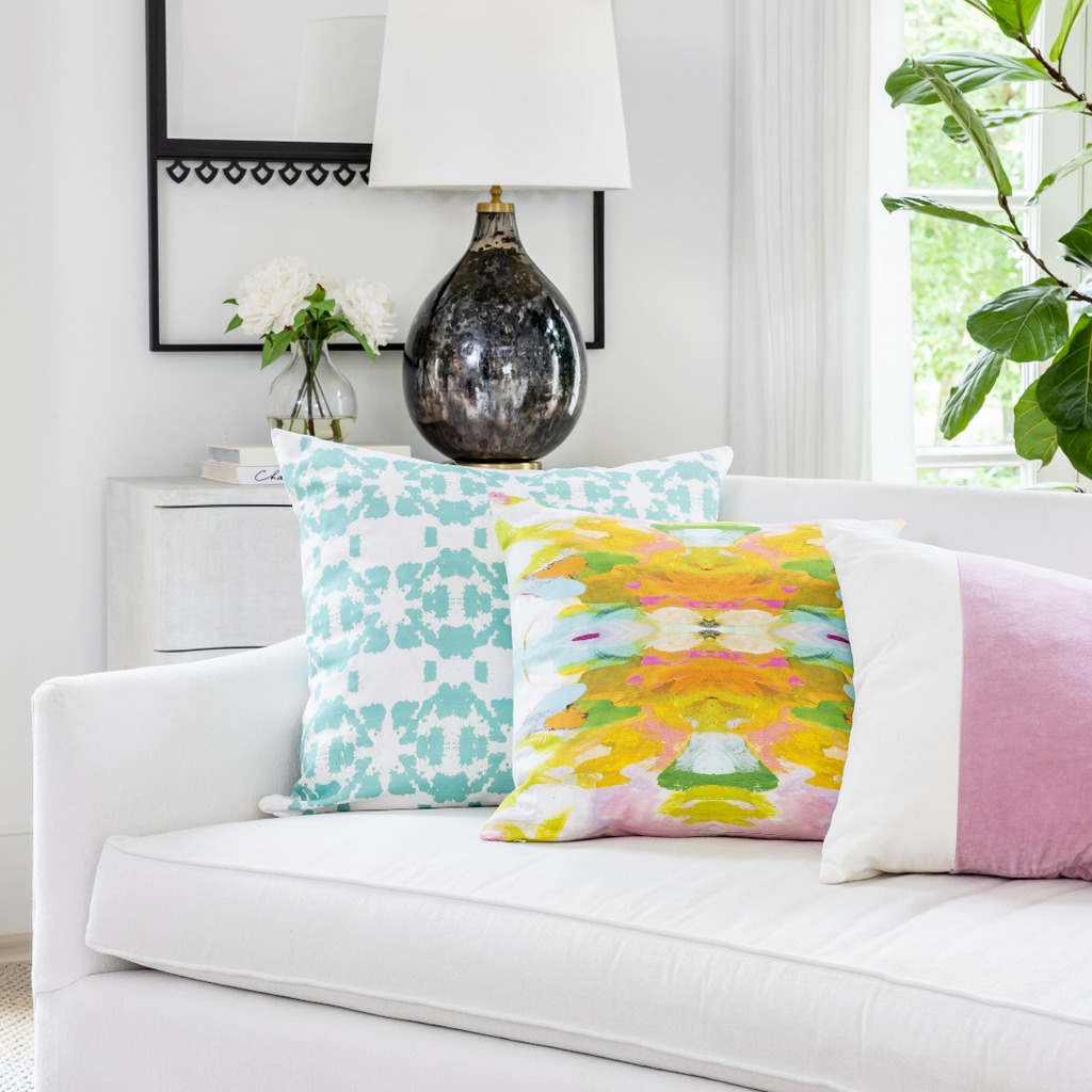 Mosaic Turquoise Linen Throw Pillow shown with Palm Beach and Velvet Panel