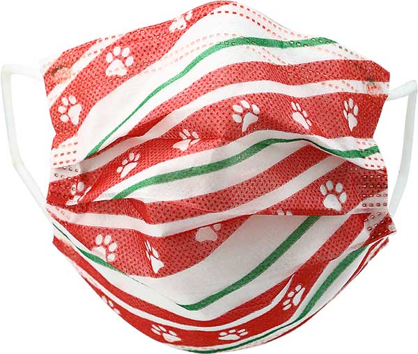 Holiday Paws Kid&#39;s Face Mask disposable with paw prints on red ribbon