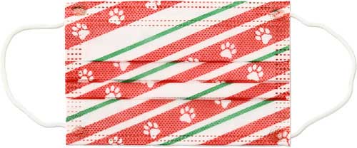 Holiday Paws Kid's Face Mask disposable with paw prints on red ribbon flat view