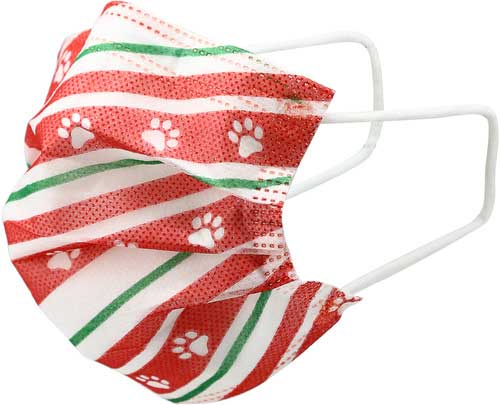 Holiday Paws Kid's Face Mask disposable with paw prints on red ribbon side view