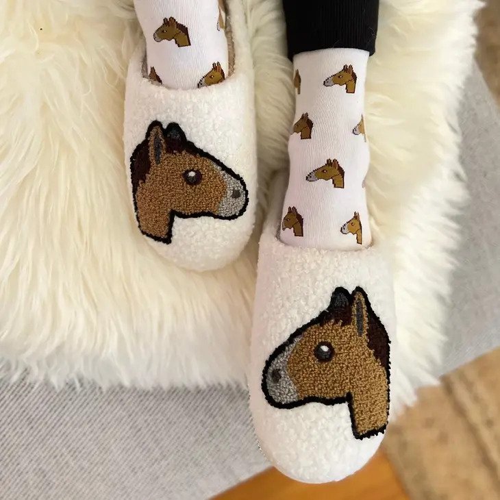 Horse Head Emoji Slippers shown with limited edition matching socks