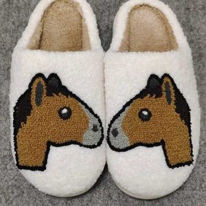 Horse Head Emoji Slippers are white sherpa fleece with horse emojis facing each other