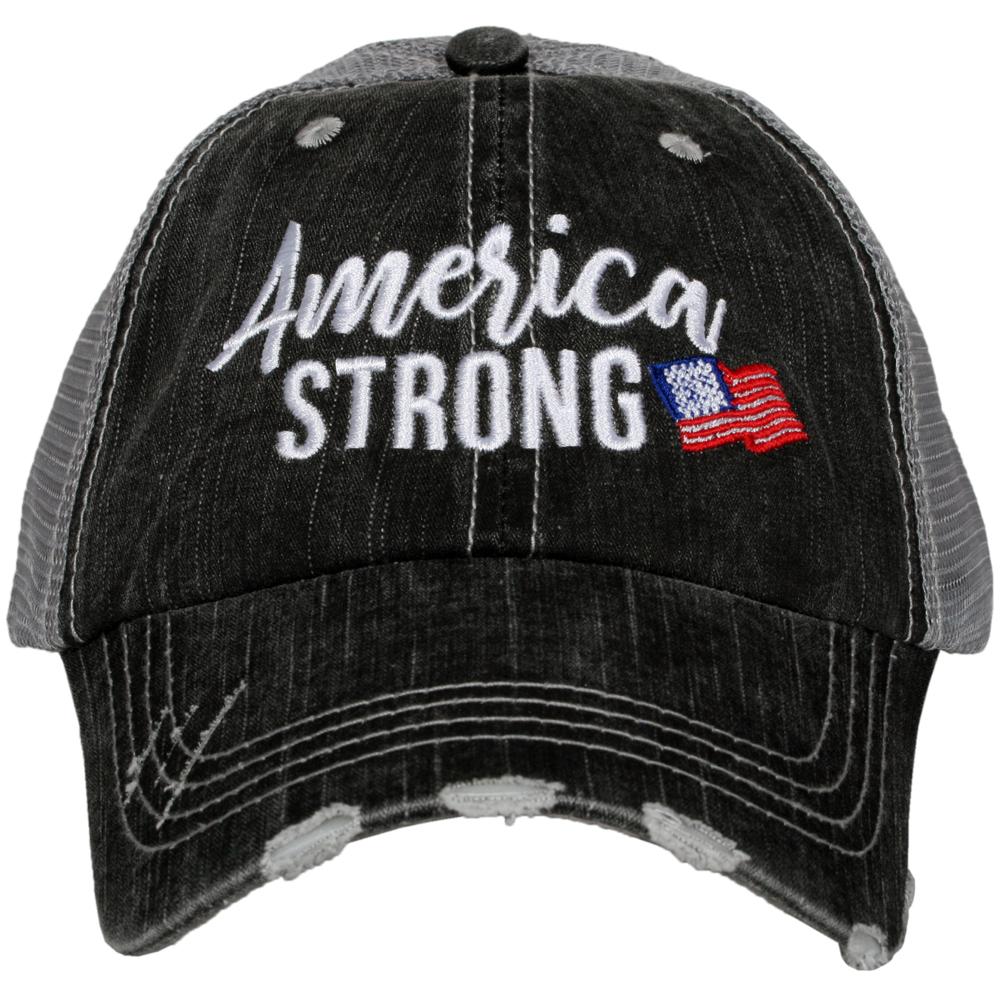 America Strong women's trucker hat black front panel and grey mesh back from Katydid