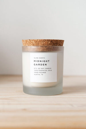 Slow North 100% Midnight Garden essential oil wax candle in frosted glass