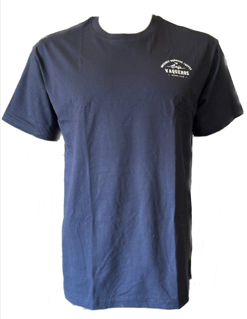 Caffeine Cowboy T-Shirt with WMC graphic, Navy color.