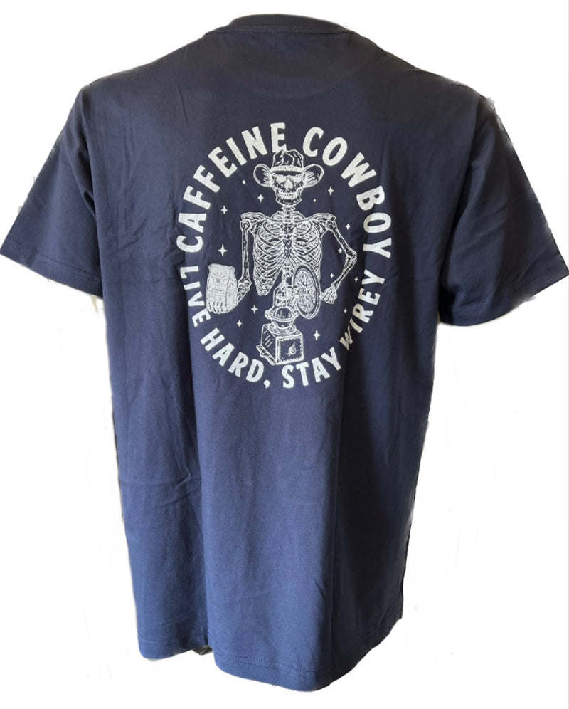 Caffeine Cowboy T-Shirt with graphic of skeleton wearing cowboy hat and holding coffee cup. Navy color.