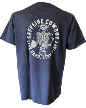 Caffeine Cowboy T-Shirt with graphic of skeleton wearing cowboy hat and holding coffee cup. Navy color.