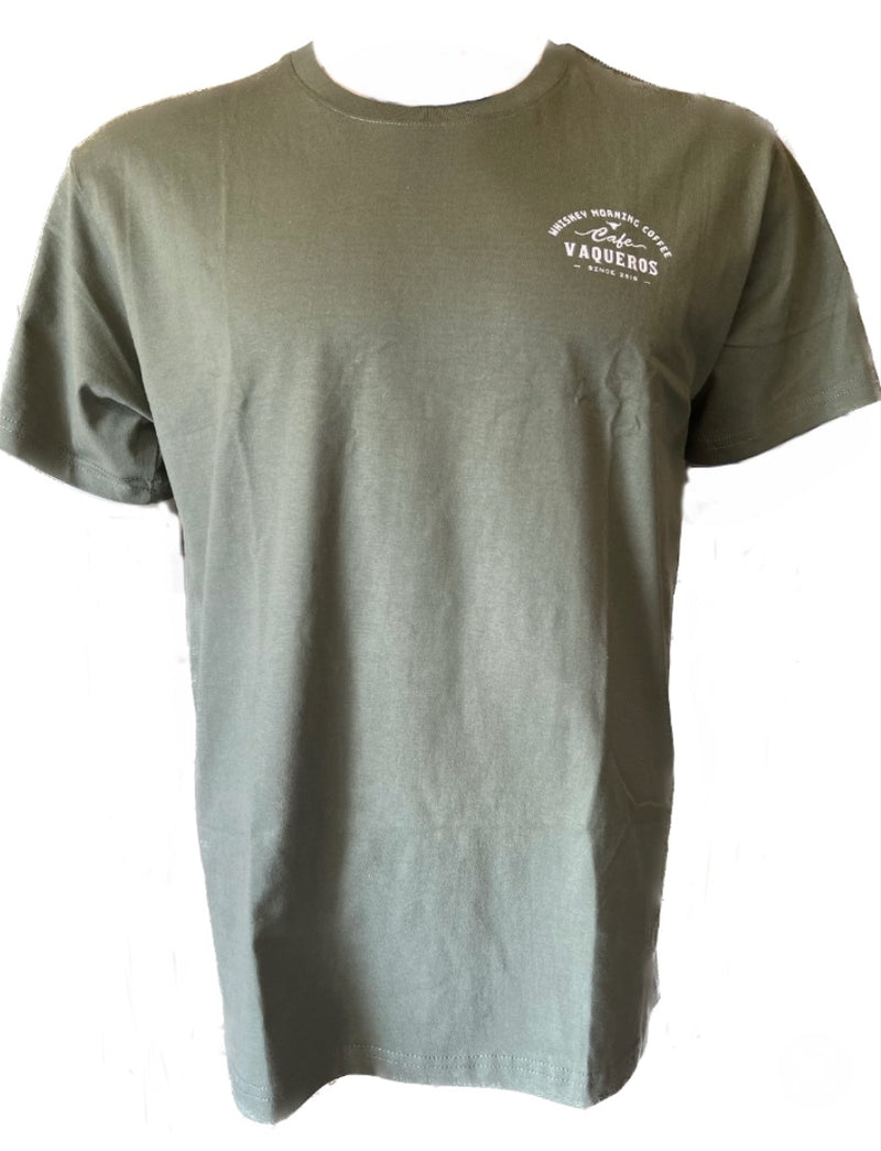 Caffeine Cowboy T-Shirt with WMC graphic, Army green color.