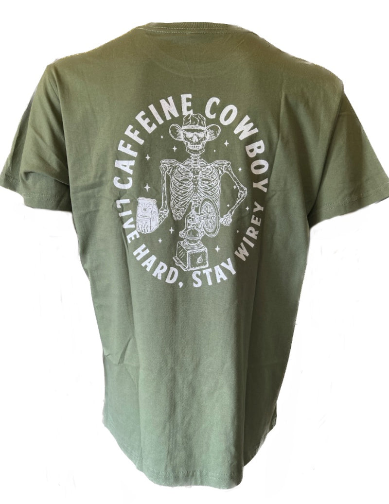 Caffeine Cowboy T-Shirt with graphic of skeleton wearing cowboy hat and holding coffee cup. Army green color.