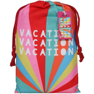 Vacation Quick Dry Beach Towel with repeating message matching drawstring bag
