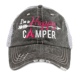 I'm A Happy Camper Trucker Hat with hot pink highlight