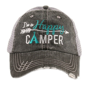I'm A Happy Camper Trucker Hat with teal highlight
