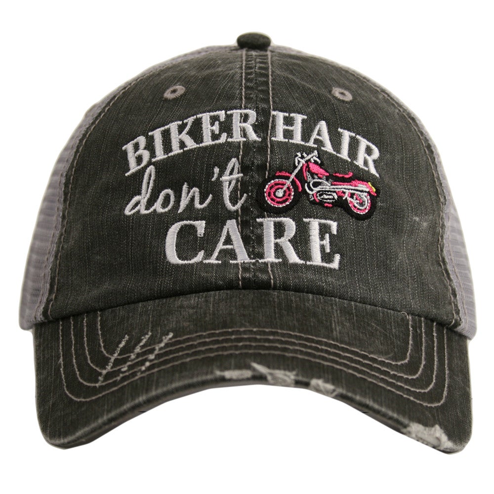 Biker Hair Don&#39;t Care Trucker Hat with hot pink bike