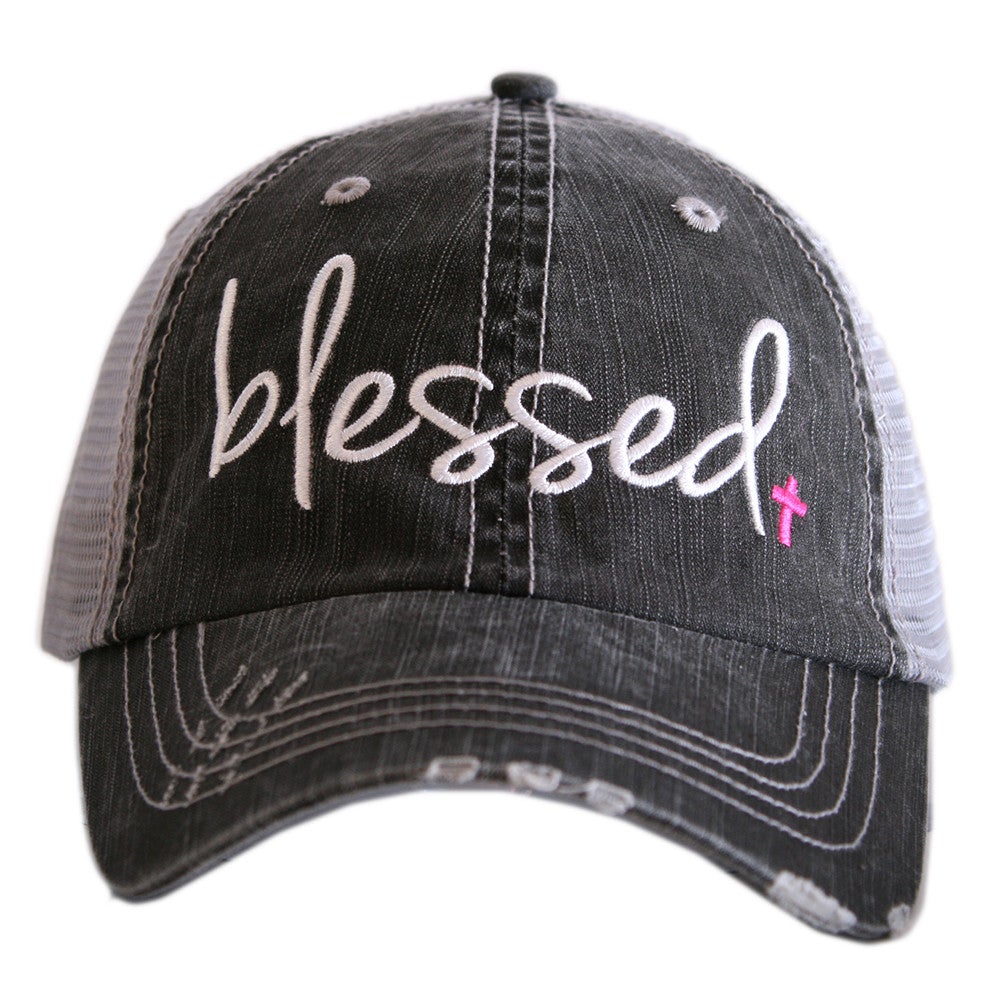Blessed Trucker Hat in grey with pink cross