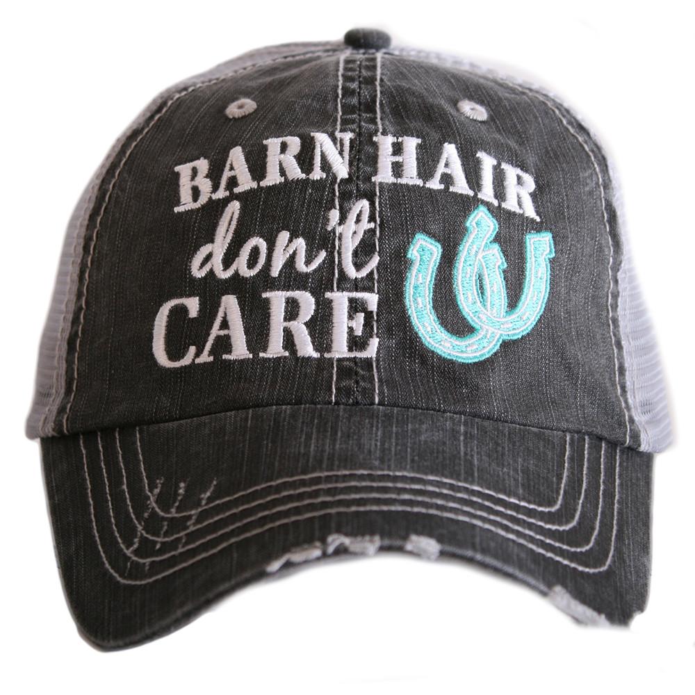 Barn Hair Don't Care embroidered trucker hat with hot pink horseshoes by Katydid