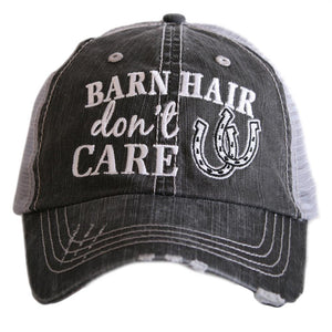 Barn Hair Don't Care embroidered trucker hat with silver horseshoes by Katydid