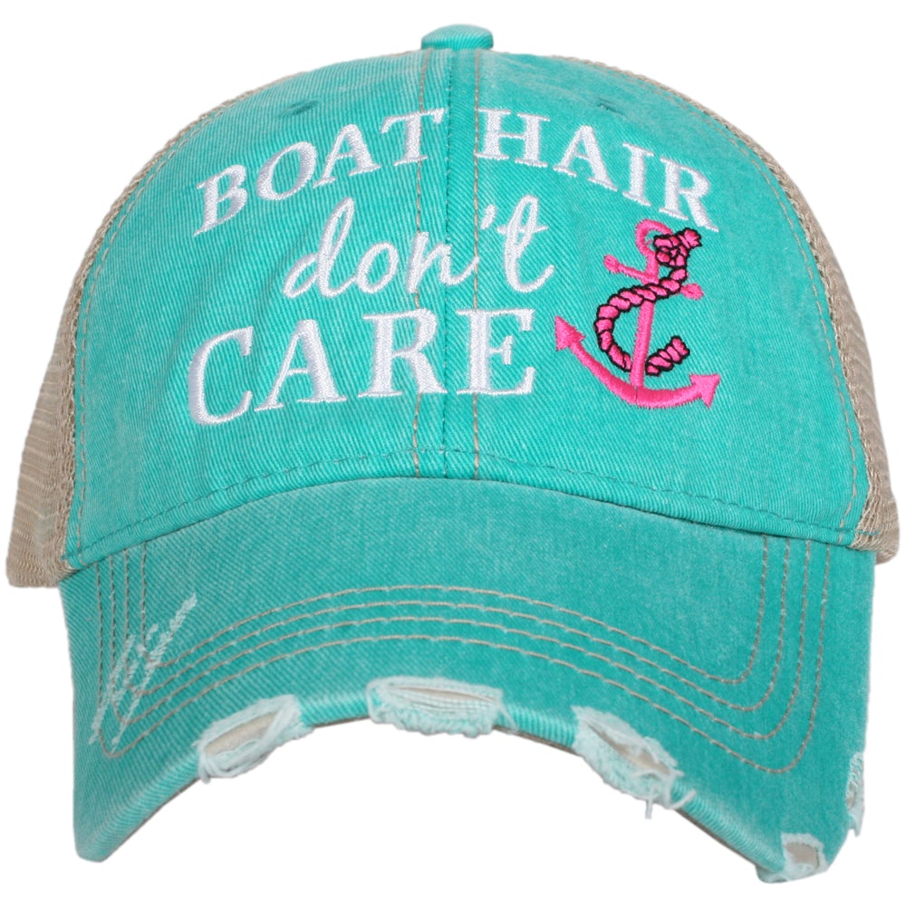 Boat Hair Don't Care Trucker Hat teal with hot pink anchor