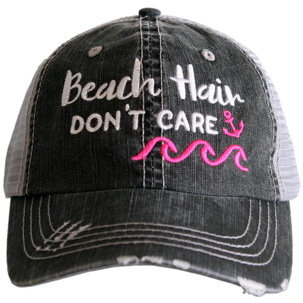 Beach Hair Don't Care Trucker Hat with hot pink colored waves on dark grey panel