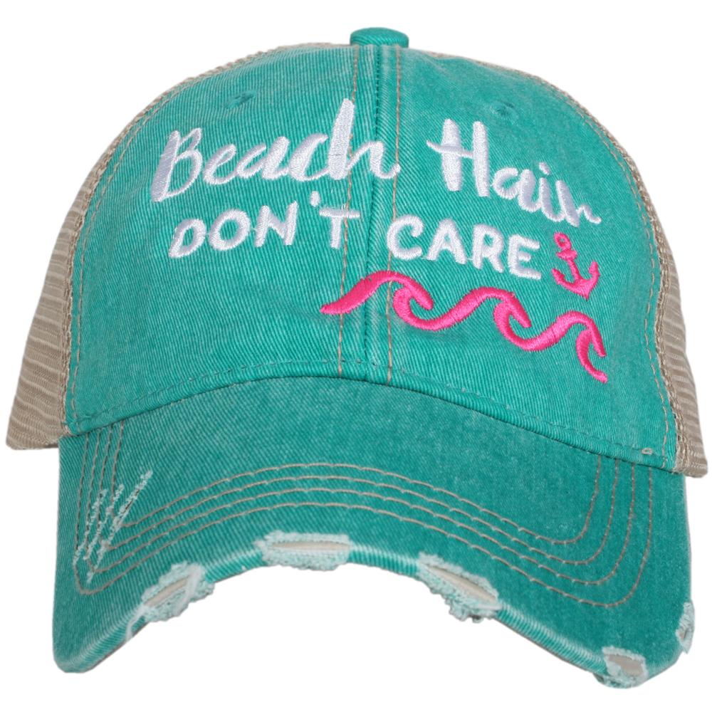 Beach Hair Don't Care Trucker Hat with hot pink colored waves on teal panel