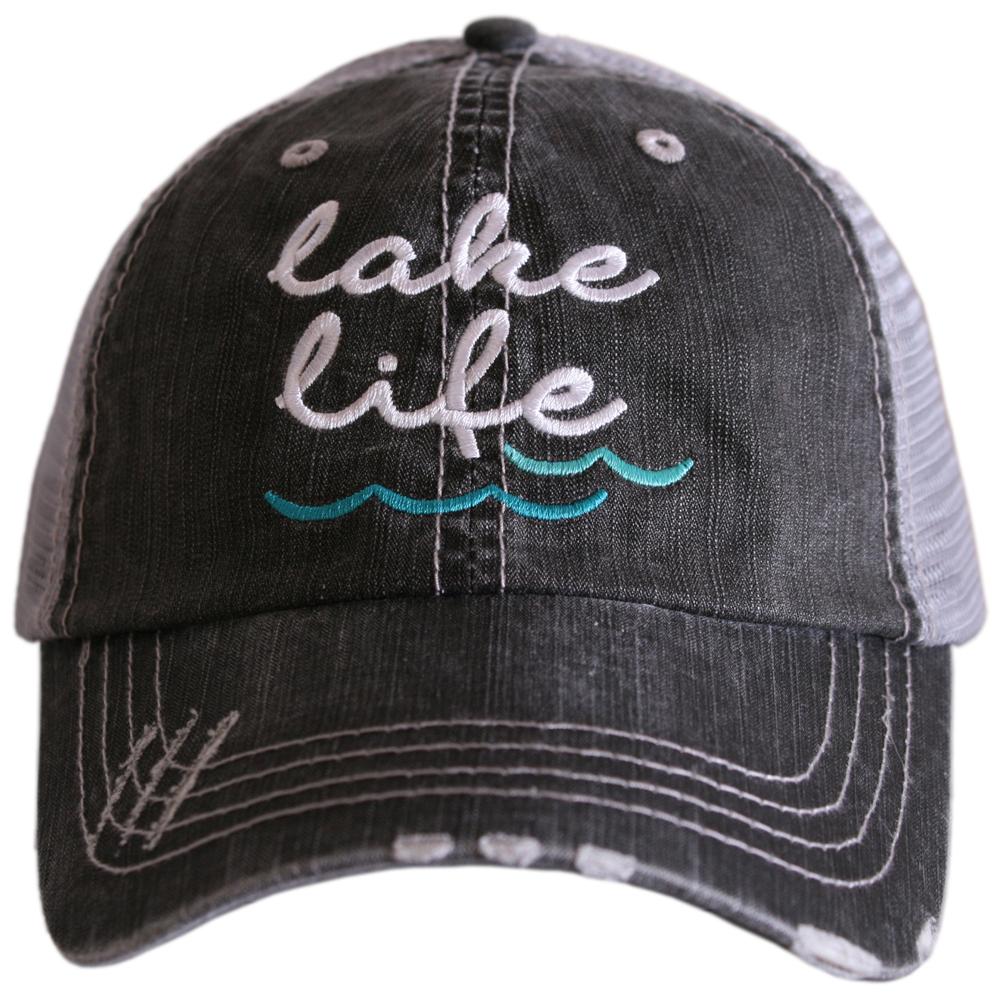 Lake Life trucker hat with embroidered message on gray cap