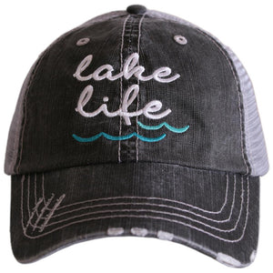 Lake Life trucker hat with embroidered message on gray cap from Katydid