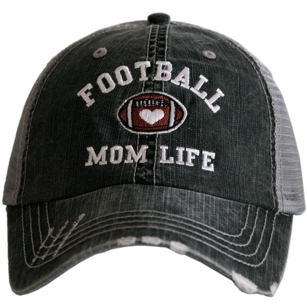 Football Mom Life Trucker Hat with embroidered football and heart, from Katydid