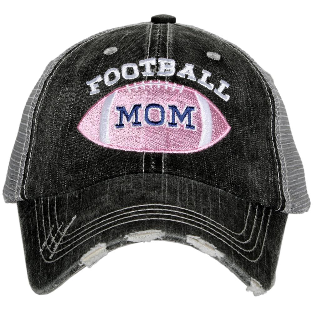 Pink Football Mom Trucker Hat with embroidered MOM, from Katydid